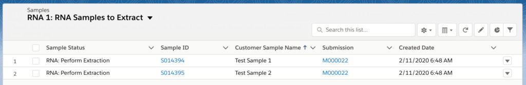 Screenshot of the status of two samples, "ready for extraction"