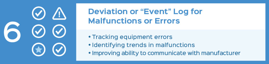 Deviation or event log for malfunctions or errors: tracking equipment errors, identifying trends in malfunctions, improving ability to communicate with manufacturer