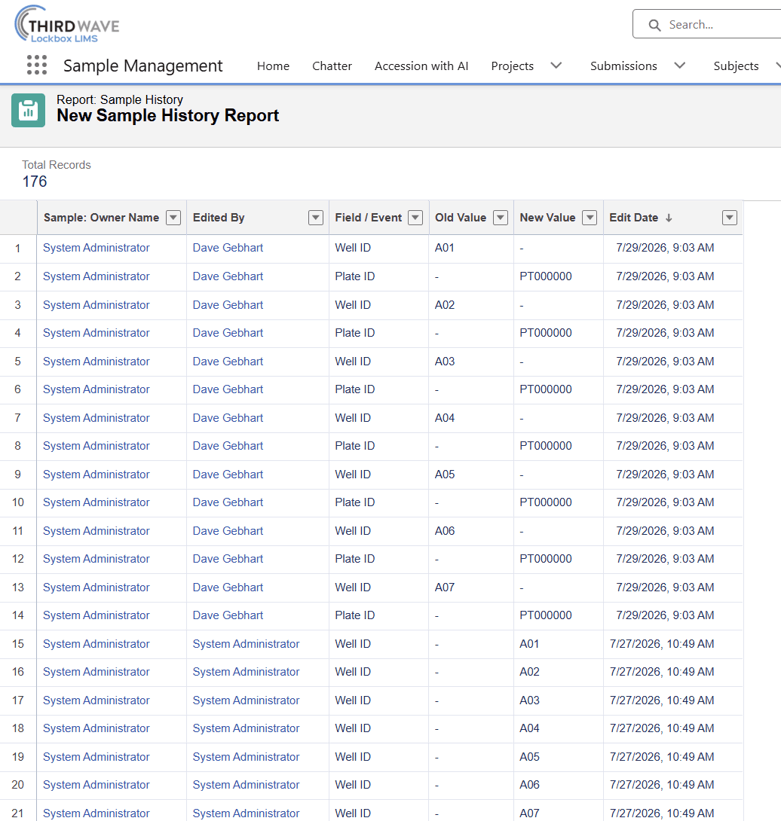Lockbox LIMS report of all sample location changes across the laboratory. 