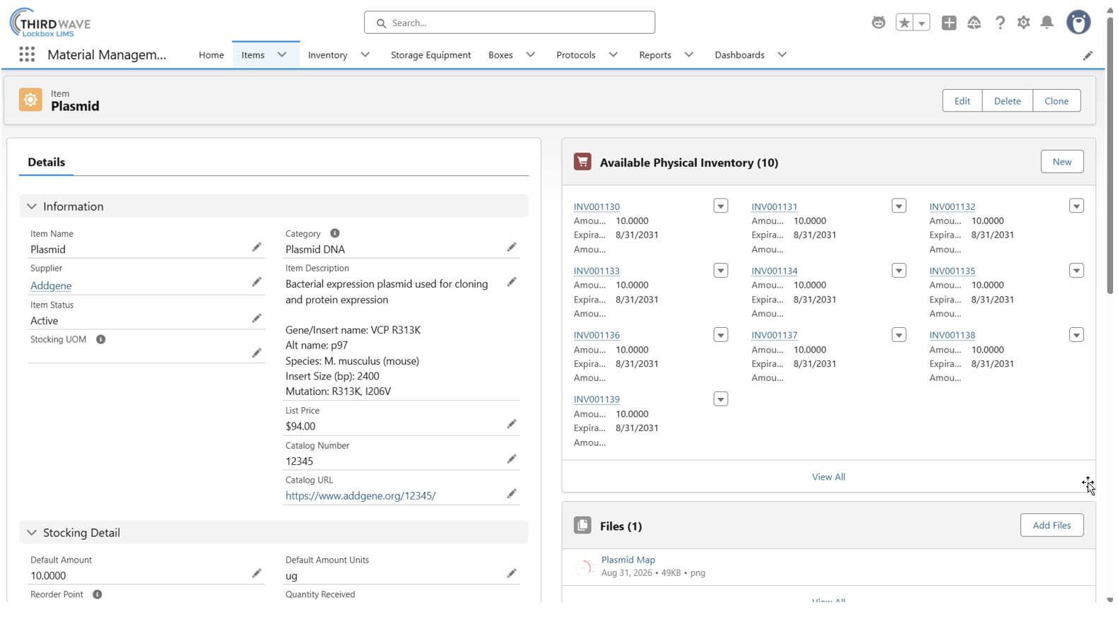 Figure 2. Lockbox Material Management Functionality for a Plasmid