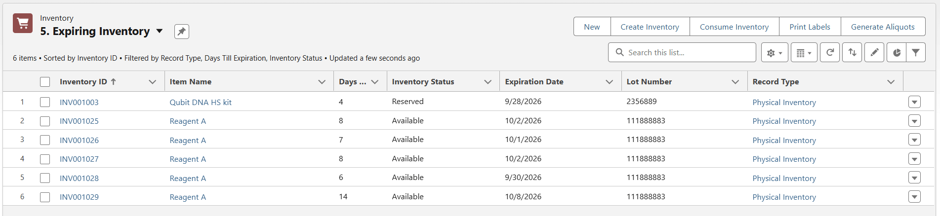 Expiring Inventory list