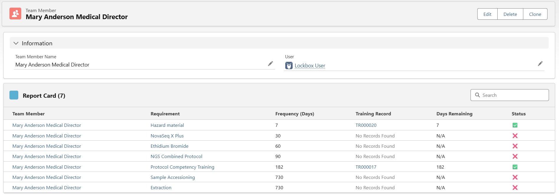 Team Member report card 