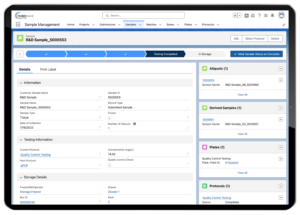 LIMS sample management - sample record page with sample location, testing information, and child records