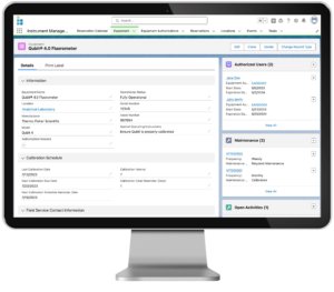 Lockbox LIMS instrument and equipment management software - equipment record page storing maintenance and calibration details, authorized users, and location information