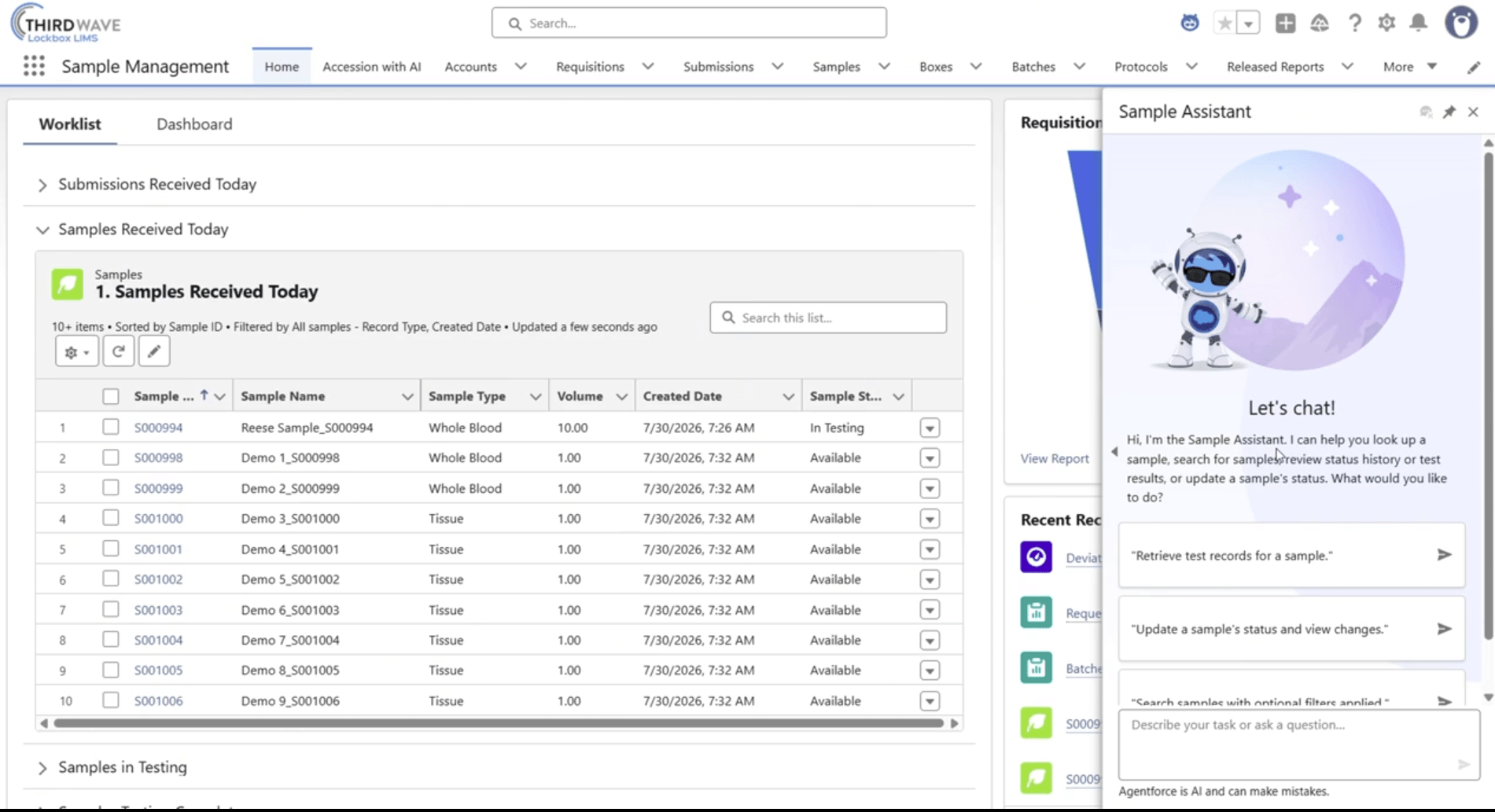 Lockbox LIMS Sample Assistant Built using Agentforce Builder