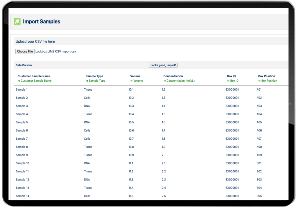 Lockbox LIMS CSV sample import