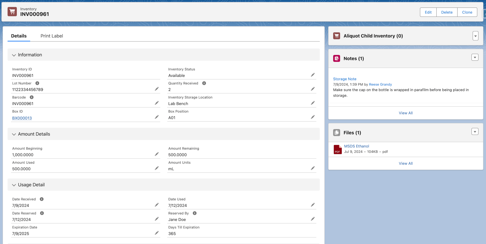 Lab inventory management Lockbox LIMS inventory record page