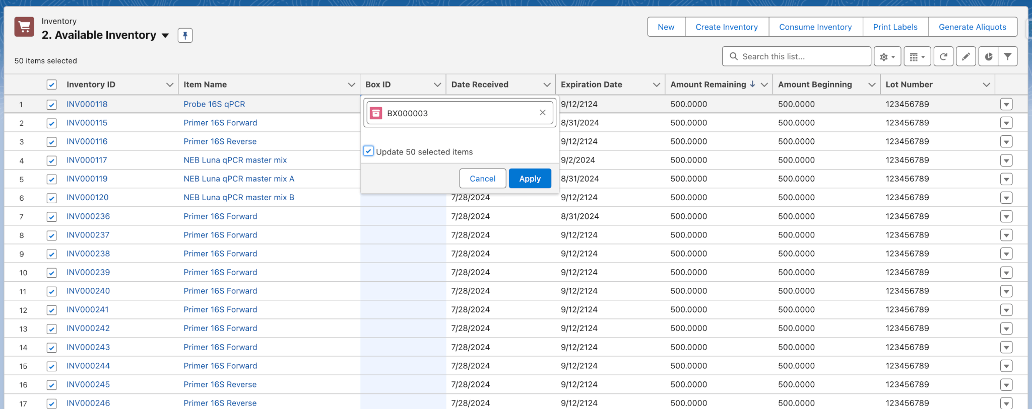 Lab inventory management bulk inventory updates