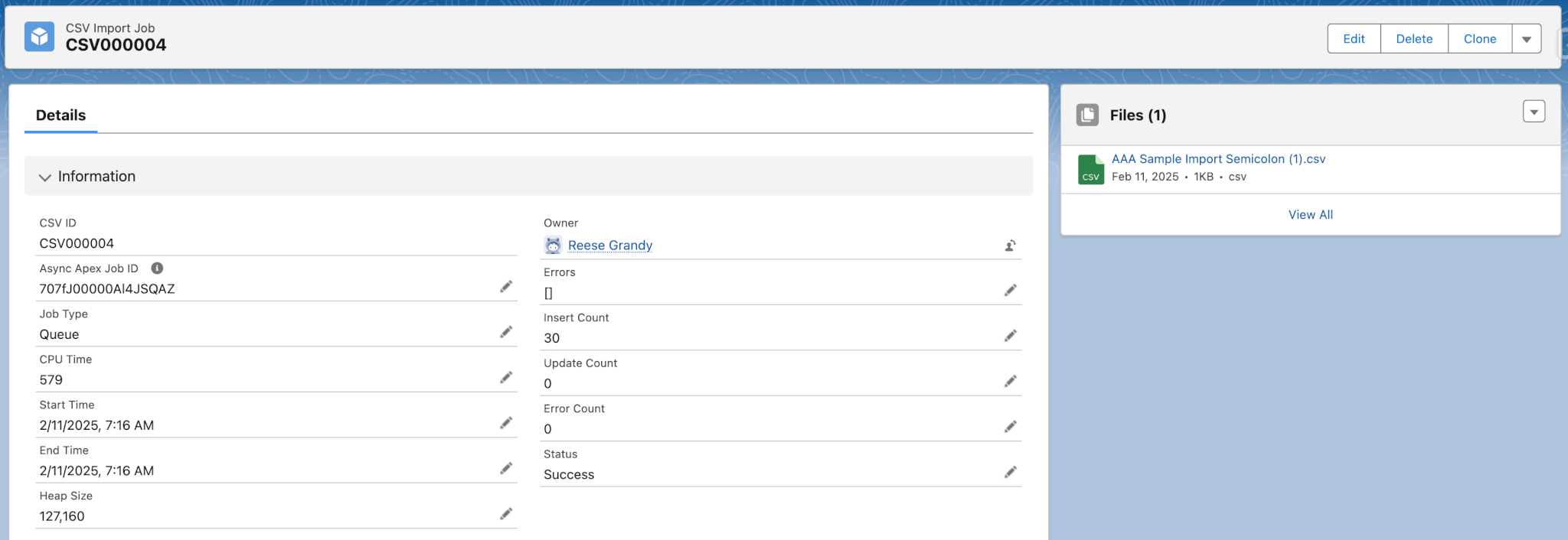 CSV import job record with CSV file retained