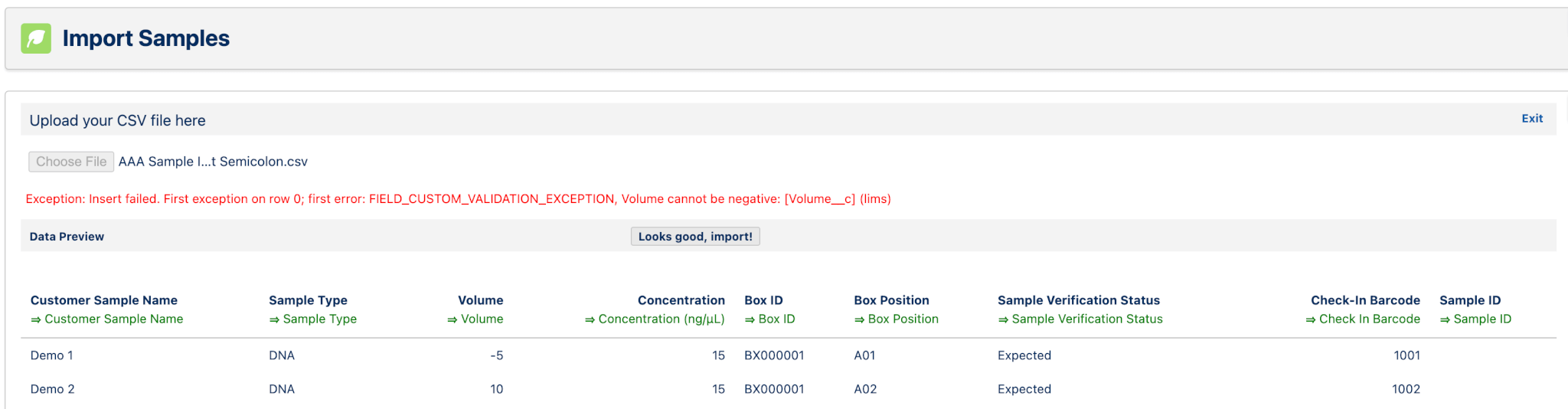 CSV import with error detection and validation rules