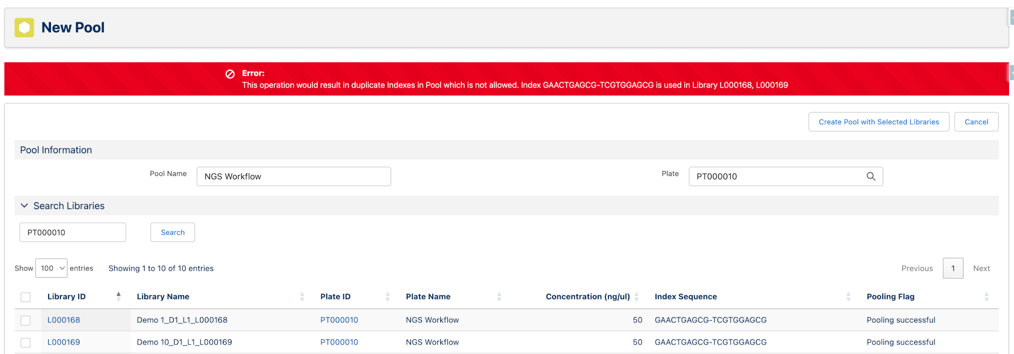 Lockbox LIMS NGS workflow index clashing error message