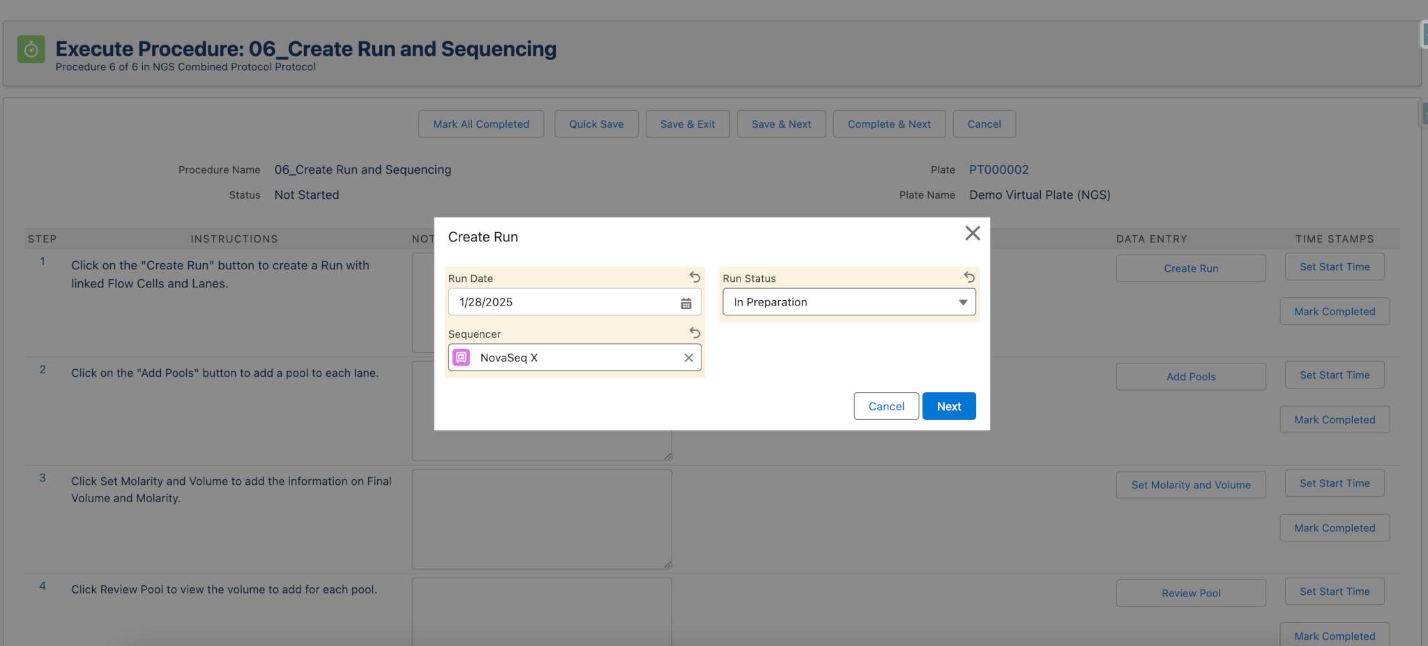 NGS protocol execution create run screen flow