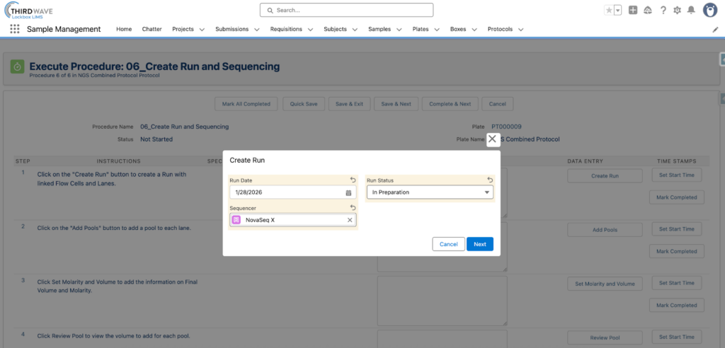 Example of Query Supported Action during Protocol Execution. Create Run During NGS Sequencing