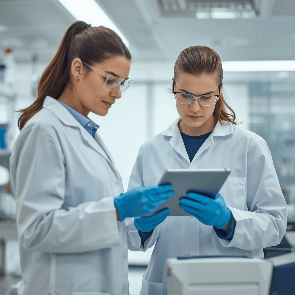 Two lab technicians looking at LIMS on tablet