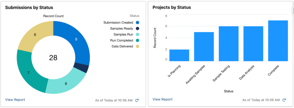 Submissions by Status donut chart and Projects by Status bar graph