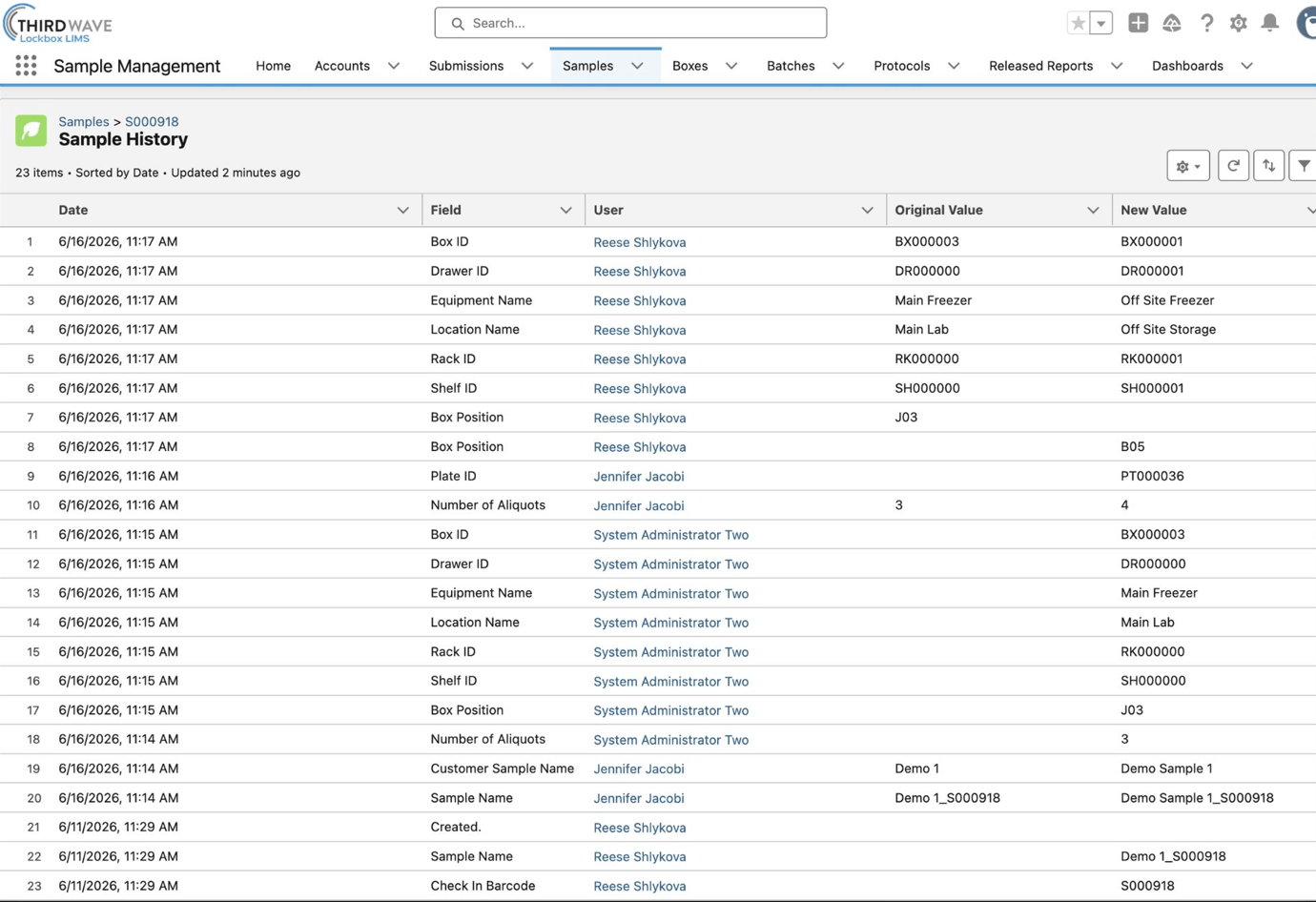 Audit trail for samples in LIMS