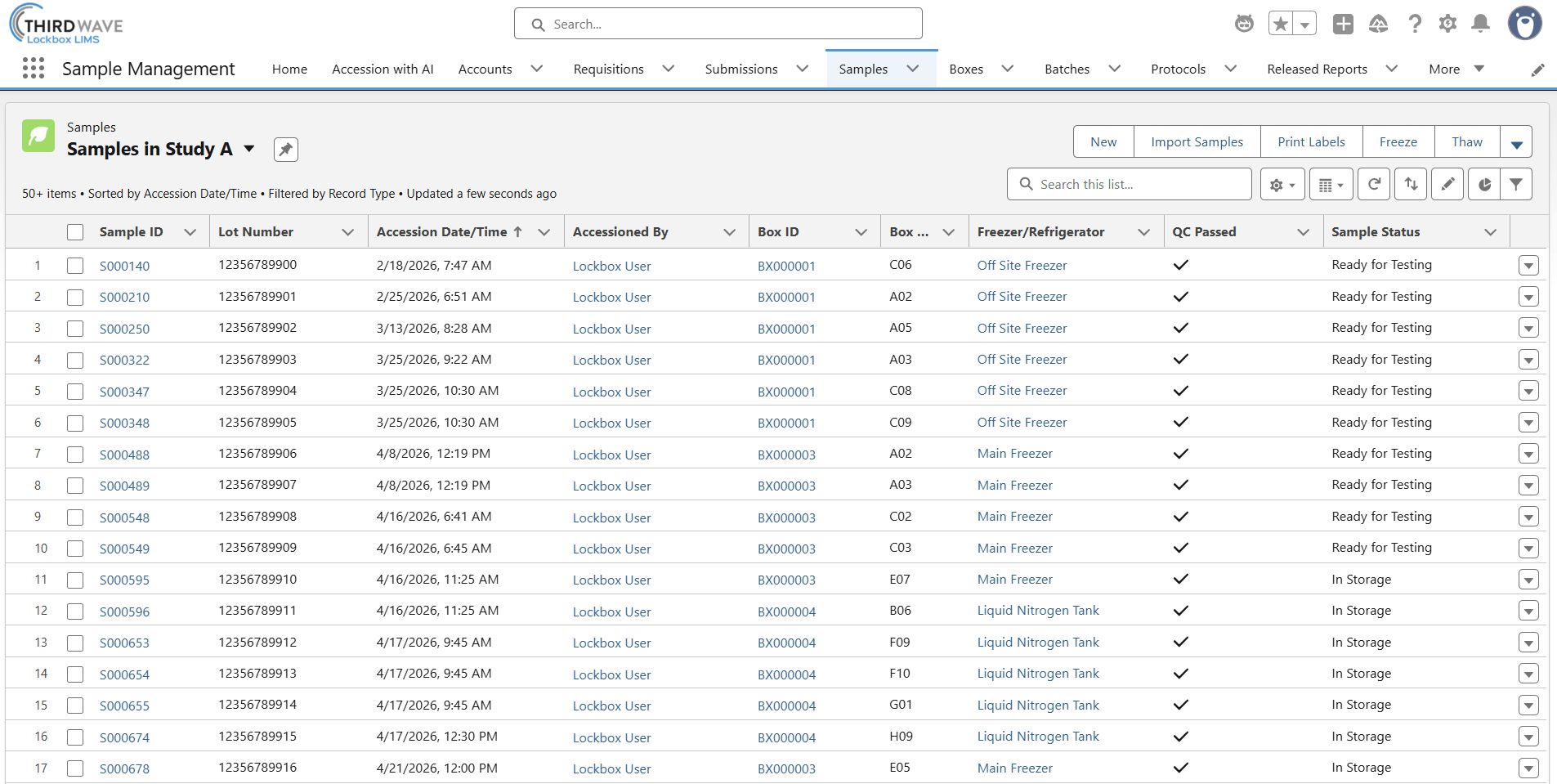 Queue of samples in Lockbox LIMS for a particular study